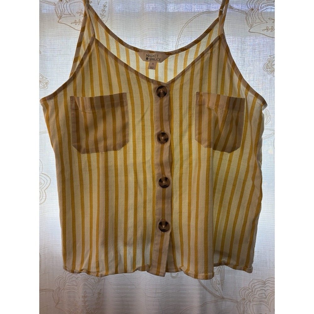 Market & Spruce Yellow White Striped Spaghetti Strap Cami Button Front